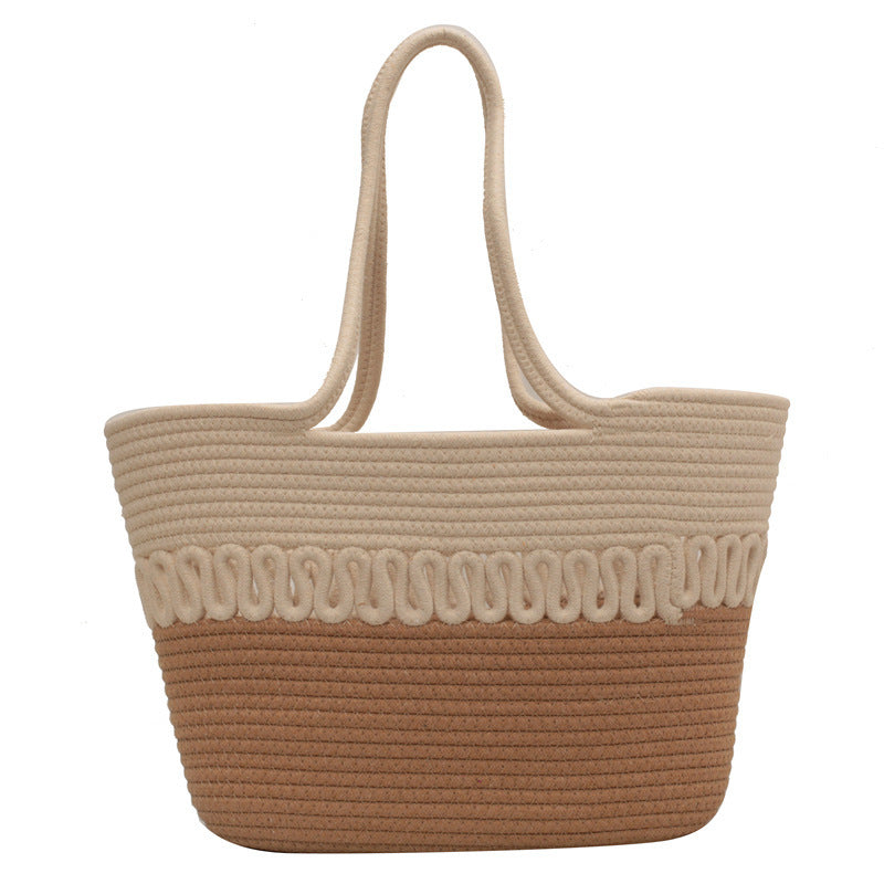 Ladies Shoulder Bag Handbag Retro Fashion Hollow Cotton Brown Straw Beach Bag Seaside Vacation