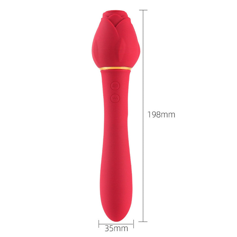 2 In 1 Rose Shaped Long Colorful Black Red Pink Clitoral Vagina Suction Sucking Vibrating Sex Toy Dildo Rose Vibrator For Woman