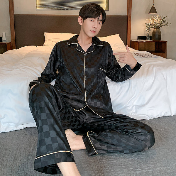 Autumn Men&#39;s Trousers Pajamas Suit Plaid High Quality Silk Home Clothes Two-piece Suit for Men Luxury Pajamas for Sleep 2021 New