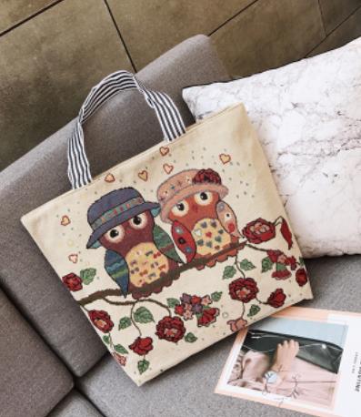 Owl embroidered bag, casual canvas women's bag, shoulder bag