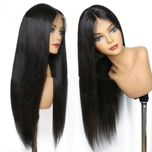 Mid-length Straight Hair Black Synthetic Front Lace Wig.