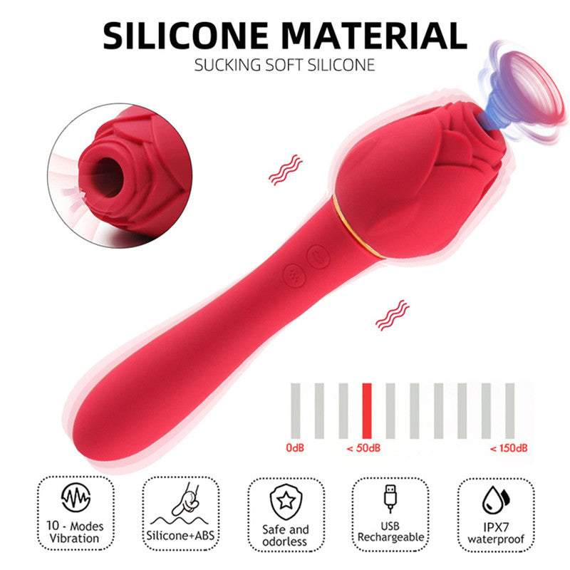 2 In 1 Rose Shaped Long Colorful Black Red Pink Clitoral Vagina Suction Sucking Vibrating Sex Toy Dildo Rose Vibrator For Woman