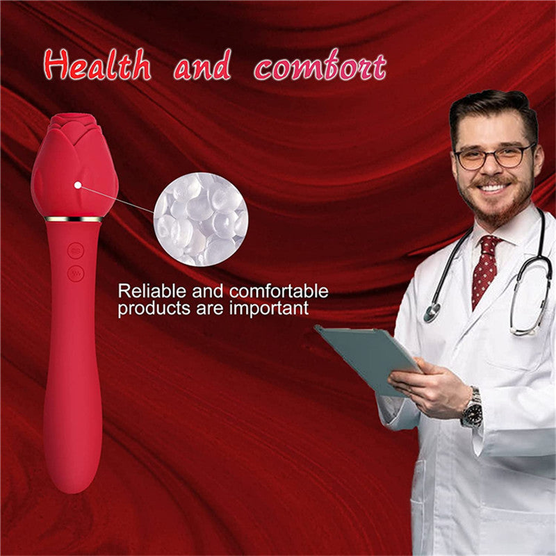 2 In 1 Rose Shaped Long Colorful Black Red Pink Clitoral Vagina Suction Sucking Vibrating Sex Toy Dildo Rose Vibrator For Woman