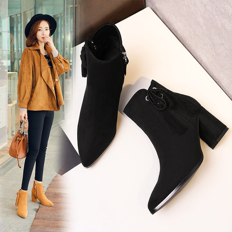 In winter 2020 new female high-heeled boots with pointed boots all-match Ms. coarse code 40 students with cashmere boots