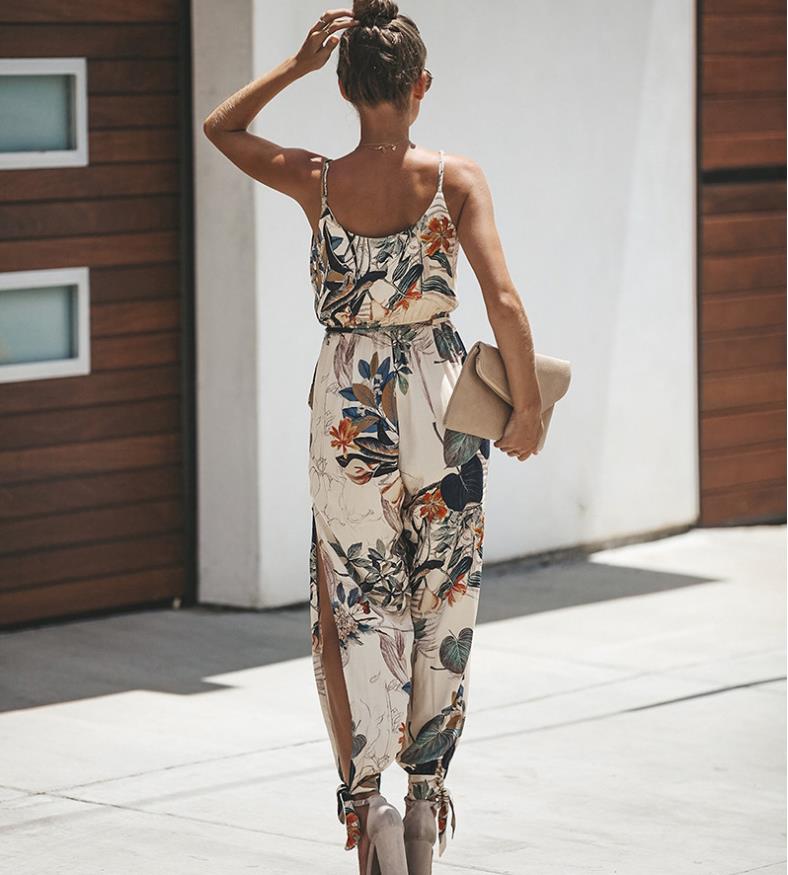 Printed sexy backless tether pocket sling V-neck female jumpsuit