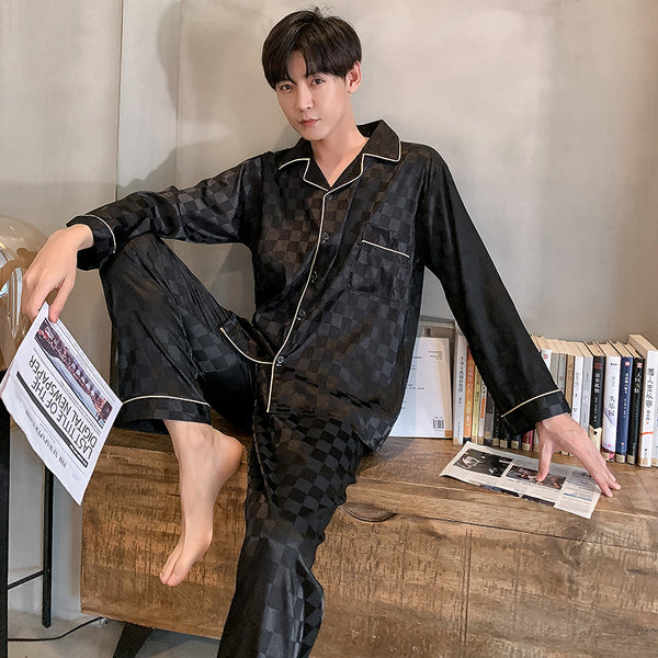 Autumn Men&#39;s Trousers Pajamas Suit Plaid High Quality Silk Home Clothes Two-piece Suit for Men Luxury Pajamas for Sleep 2021 New