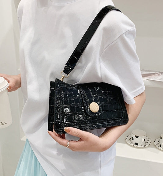 New custom French niche design retro mirror bag metal round buckle baguette shoulder underarm bag, crocodile pattern small square bag, women&#39;s handbag