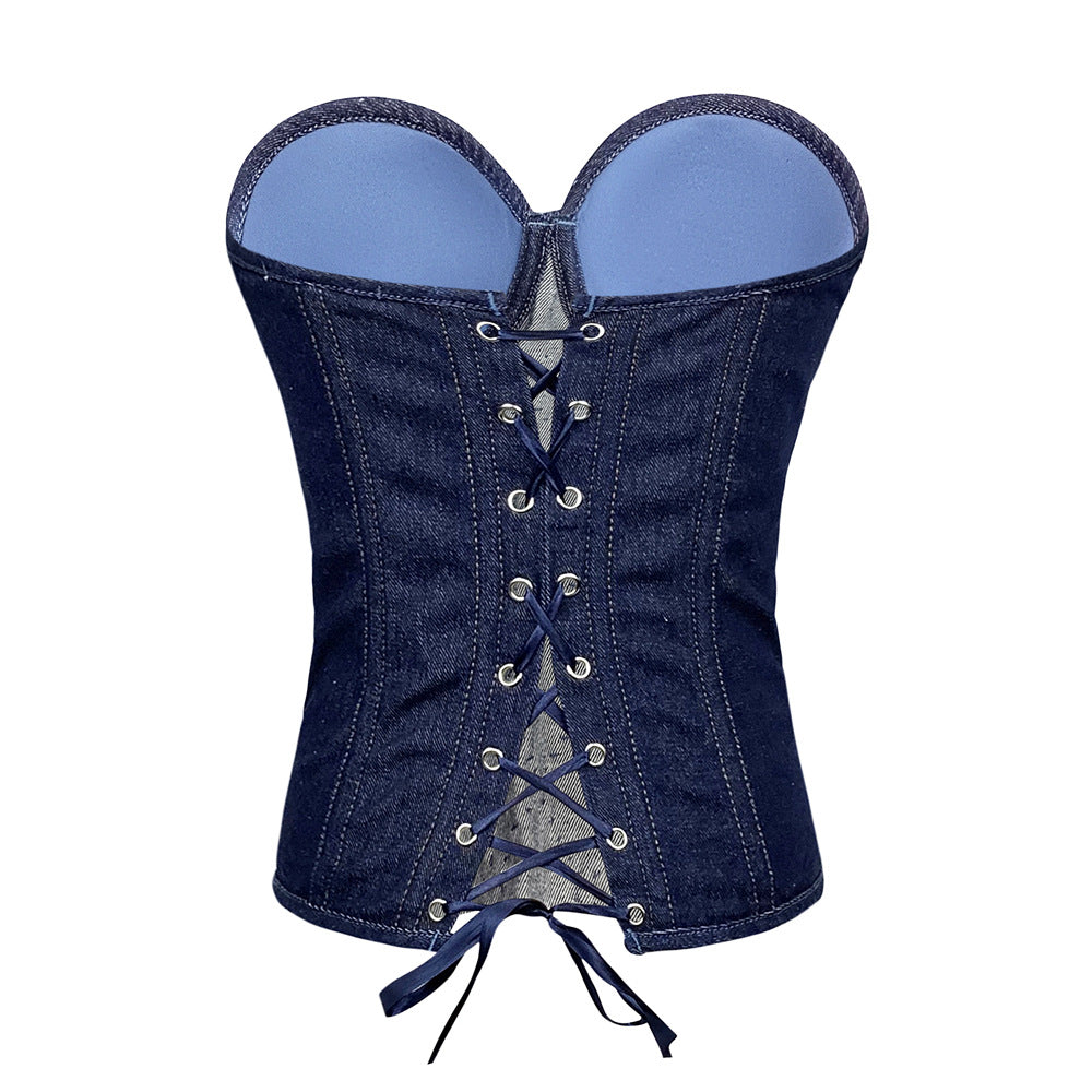 European and American diamond beaded denim cotton vest lace-up shaping slim-fit performance clothing retro zipper shaping top