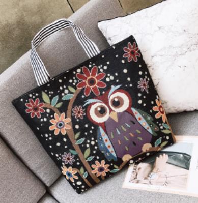 Owl embroidered bag, casual canvas women's bag, shoulder bag