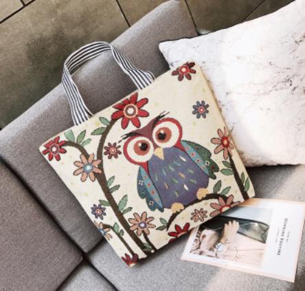 Owl embroidered bag, casual canvas women's bag, shoulder bag