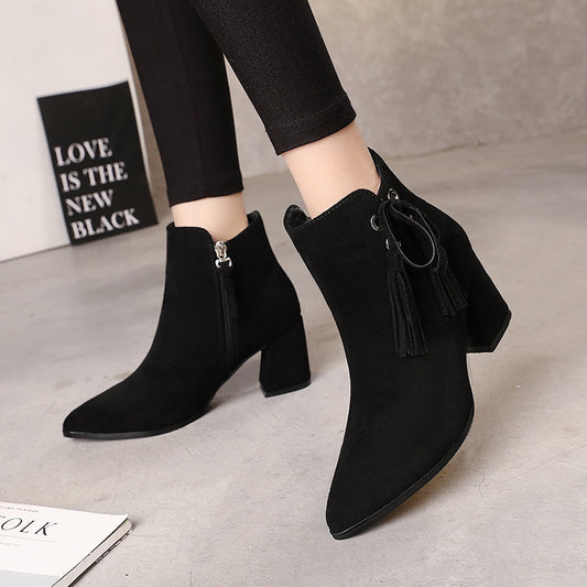 In winter 2020 new female high-heeled boots with pointed boots all-match Ms. coarse code 40 students with cashmere boots