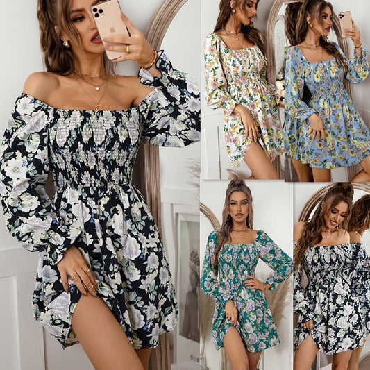 European And American Fashion Print French Collar Dress