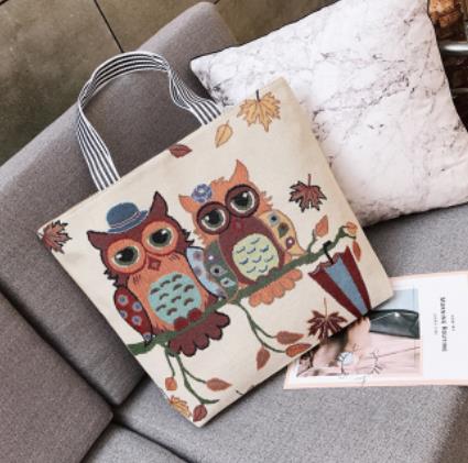 Owl embroidered bag, casual canvas women's bag, shoulder bag