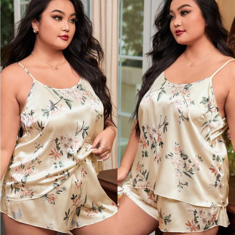 Large Size XL-5XL Strap Cami&amp;Shorts Suit For Women Satin Two Pieces Sleep Set Print Flower Home Clothes Lounge Wear Nightgown