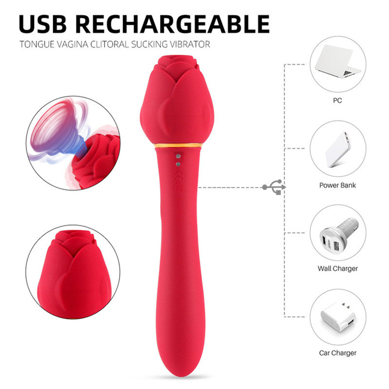 2 In 1 Rose Shaped Long Colorful Black Red Pink Clitoral Vagina Suction Sucking Vibrating Sex Toy Dildo Rose Vibrator For Woman