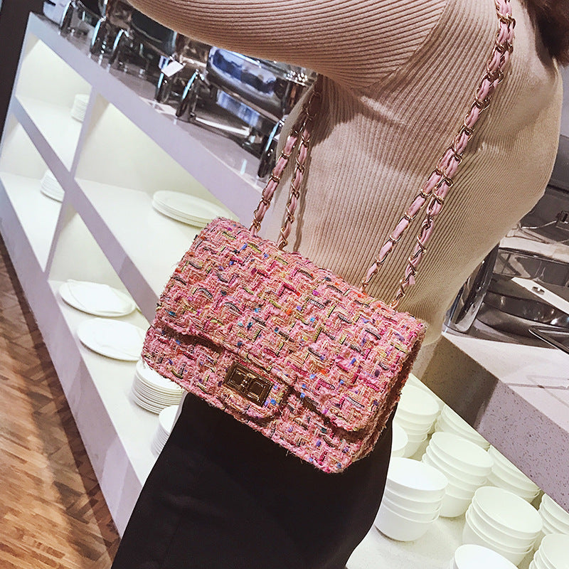 Autumn And Winter New Women'S Bag Lattice Bag Woolen Cloth Small Fragrant Wind Rhombic Chain Bag Woven One Shoulder Messenger Bag