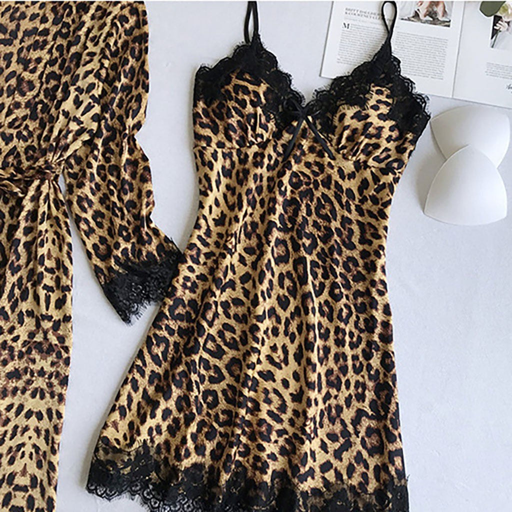 Leopard print Sexy Women Pajamas Sets Satin Sleepwear Pijama Silk Home Wear Embroidery Sleep Lounge Pyjama Nightwear Lingerie