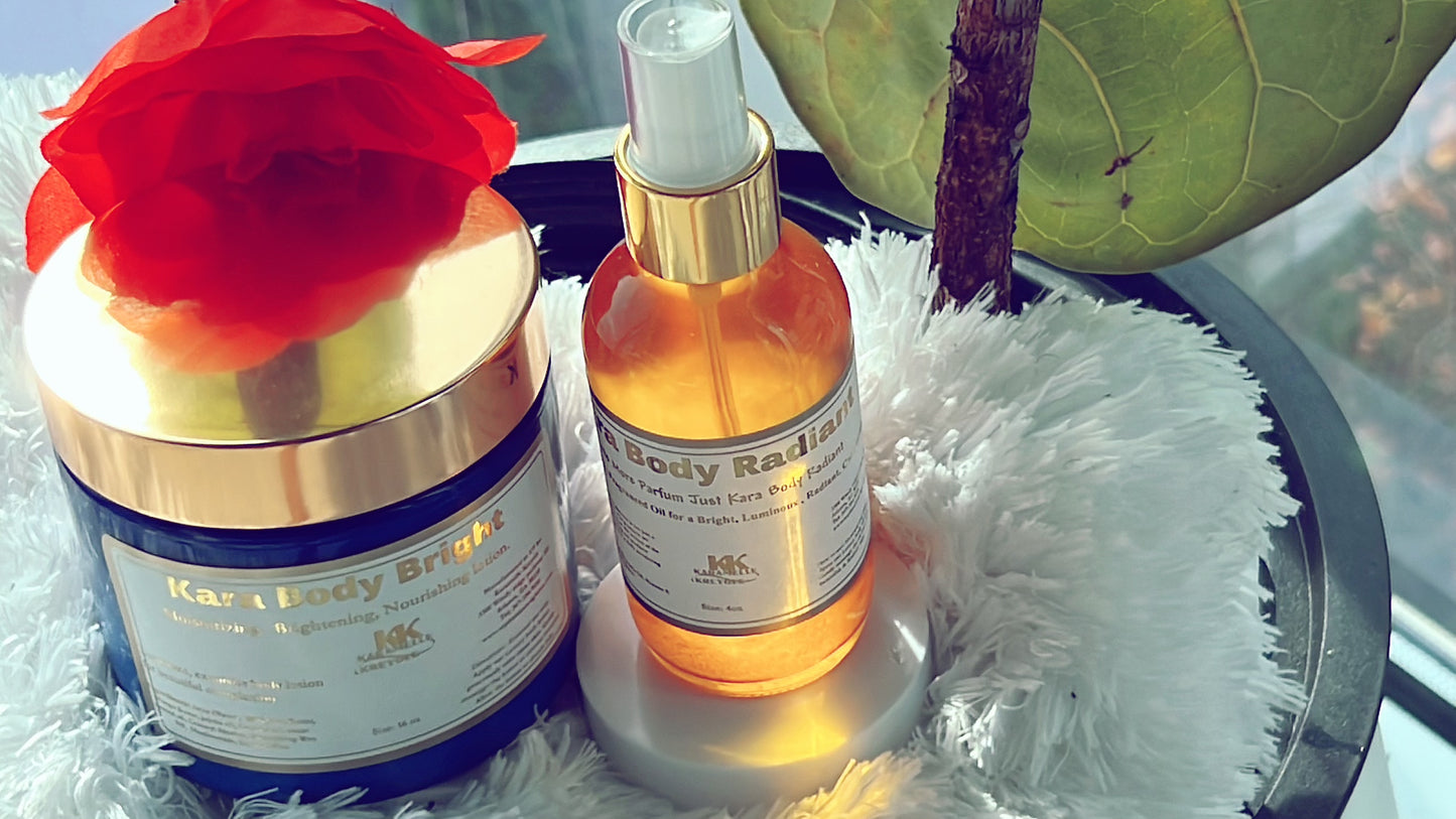 Introducing our Radiant Elegance Collection – Kara Body Bright, Body lotion & Kara Body Radiant; Body oil