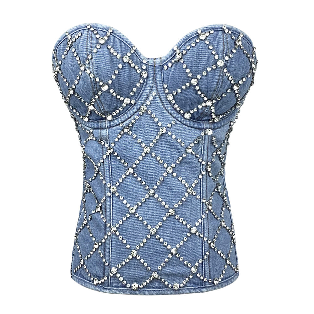 European and American diamond beaded denim cotton vest lace-up shaping slim-fit performance clothing retro zipper shaping top