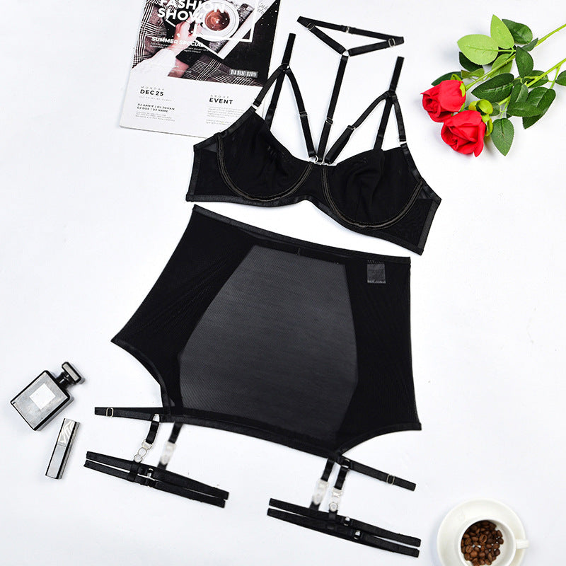 2022 new AliExpress cross-border foreign trade women's fashion breathable mesh yarn hanging neck body shaping split underwear four-piece set