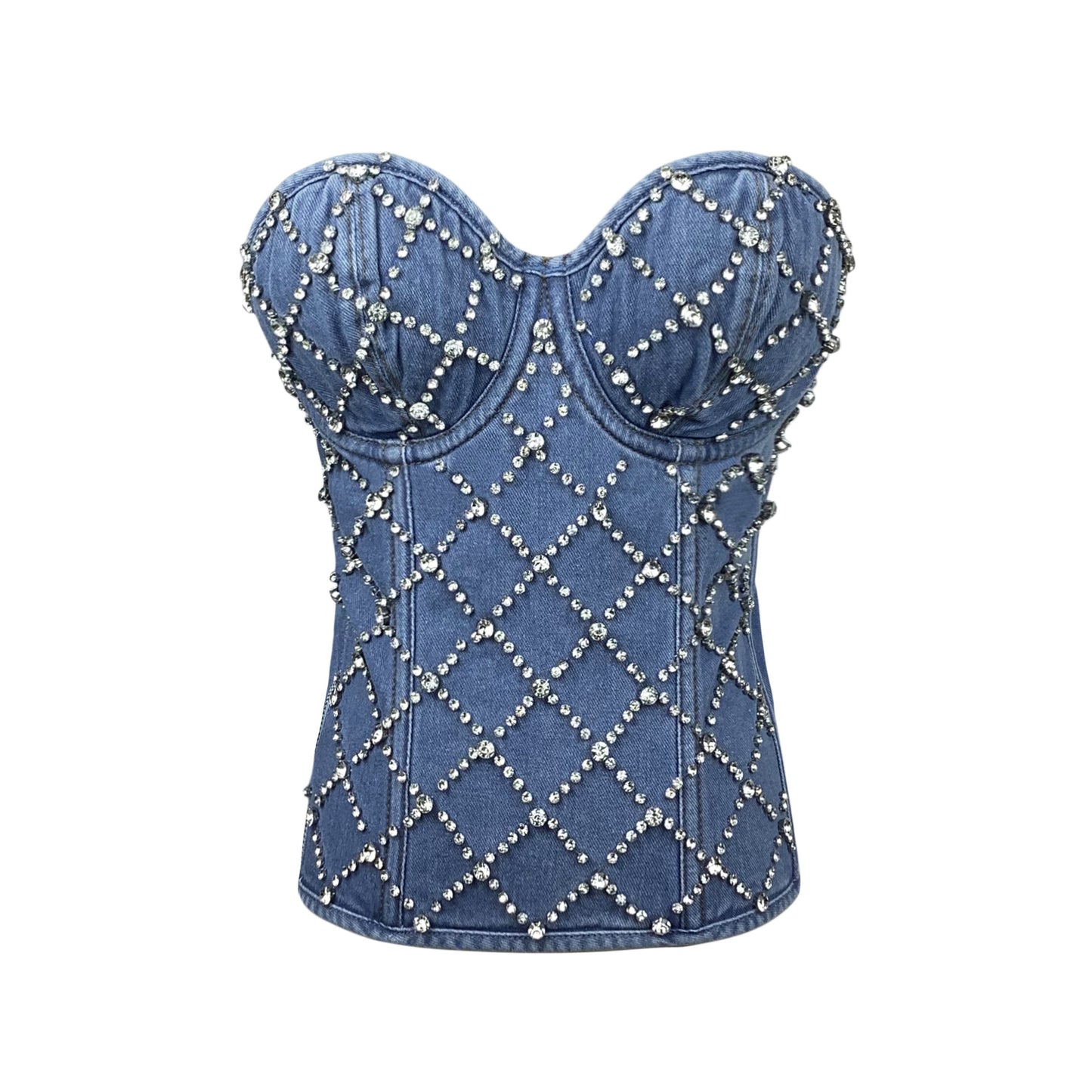 European and American diamond beaded denim cotton vest lace-up shaping slim-fit performance clothing retro zipper shaping top