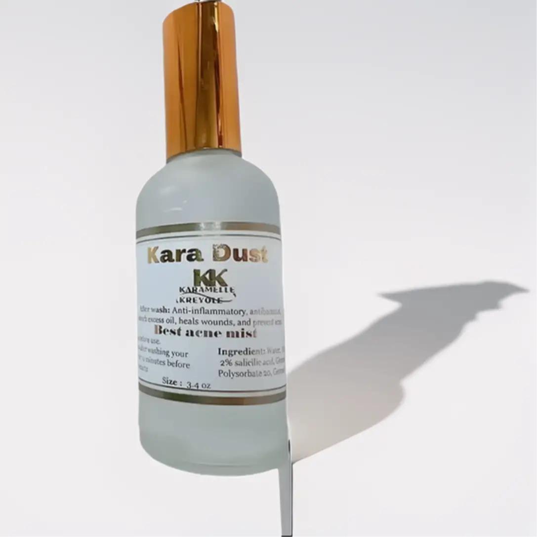 Kara Dust. Water,  Aloe Vera juice,  2% salicilic acid, Glycerin, Allantoin,  Polysorbate 20, Germal Plus