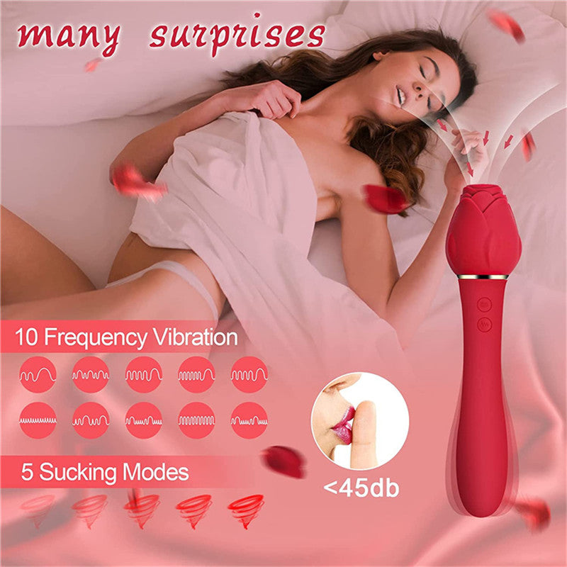 2 In 1 Rose Shaped Long Colorful Black Red Pink Clitoral Vagina Suction Sucking Vibrating Sex Toy Dildo Rose Vibrator For Woman