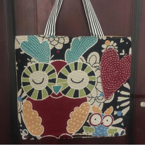 Owl embroidered bag, casual canvas women's bag, shoulder bag