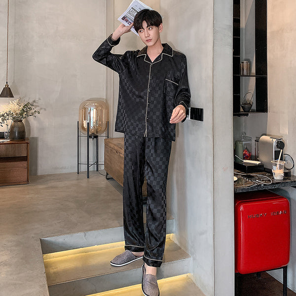 Autumn Men&#39;s Trousers Pajamas Suit Plaid High Quality Silk Home Clothes Two-piece Suit for Men Luxury Pajamas for Sleep 2021 New