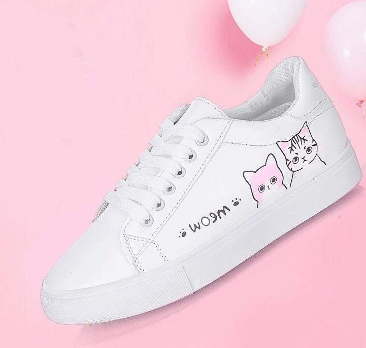 Printed casual shoes women's pu shoes cute cat 2020 new fashion lace women's white sports shoes women's casual shoes