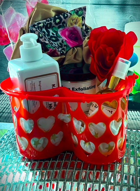 Valentine's Day Love Basket. Kara Love Basket has a Brightening Body Lotion, A Body Oil, Body Exfoliator, & a Silk Bonnet.