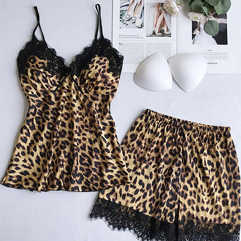 Leopard print Sexy Women Pajamas Sets Satin Sleepwear Pijama Silk Home Wear Embroidery Sleep Lounge Pyjama Nightwear Lingerie