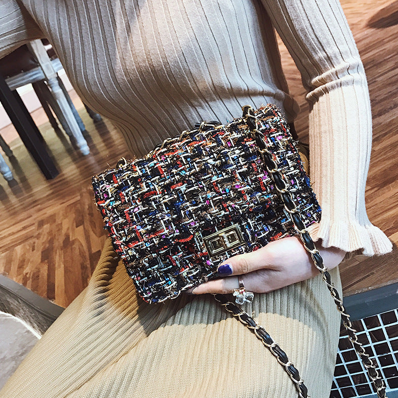 Autumn And Winter New Women'S Bag Lattice Bag Woolen Cloth Small Fragrant Wind Rhombic Chain Bag Woven One Shoulder Messenger Bag