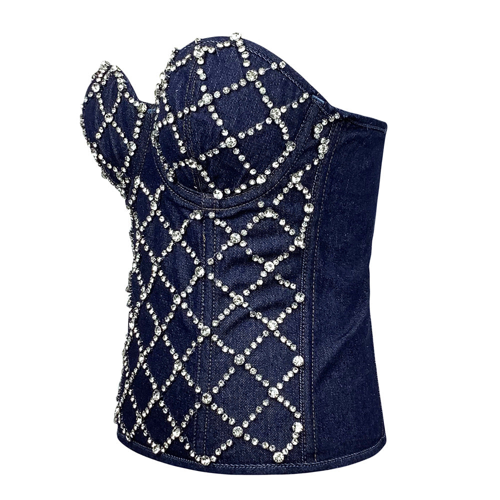 European and American diamond beaded denim cotton vest lace-up shaping slim-fit performance clothing retro zipper shaping top