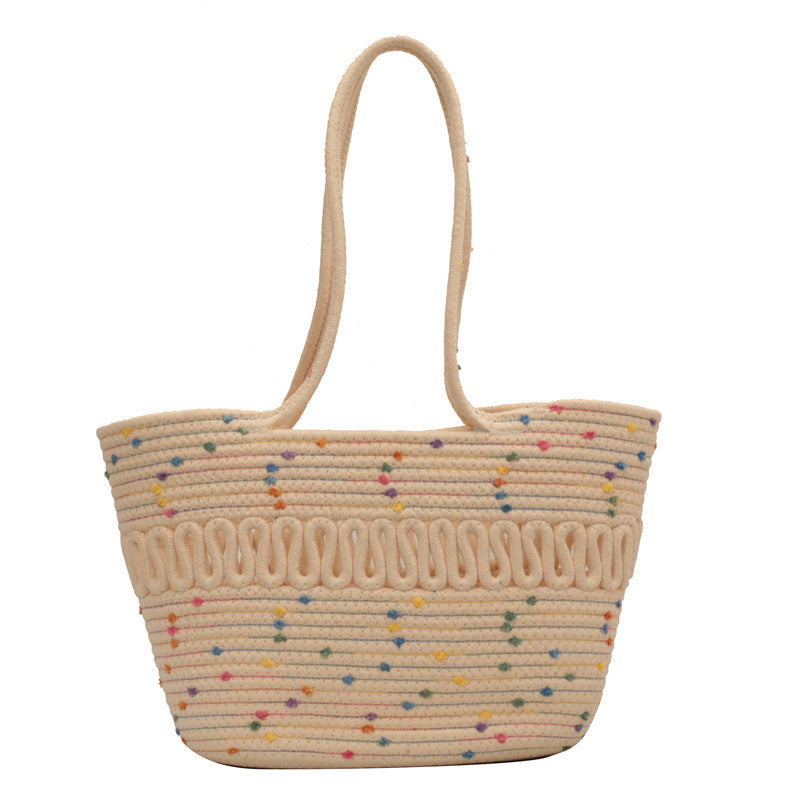 Ladies Shoulder Bag Handbag Retro Fashion Hollow Cotton Brown Straw Beach Bag Seaside Vacation