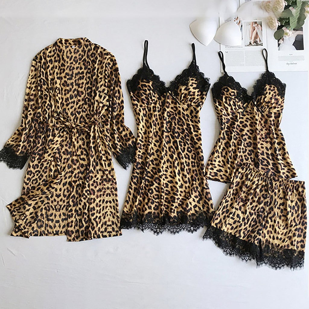 Leopard print Sexy Women Pajamas Sets Satin Sleepwear Pijama Silk Home Wear Embroidery Sleep Lounge Pyjama Nightwear Lingerie